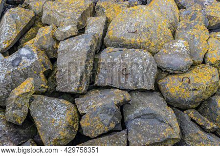 Close-up Of Mossy Stones On A Breakwater Along The Delta Works. Rhine-meuse-scheldt Delta, Sunny Day