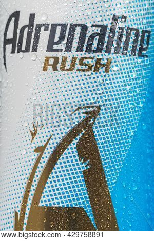 Tyumen, Russia-may 25, 2021: Adrenaline Rush Energy Drink Zero Sugar. Logo Close Up