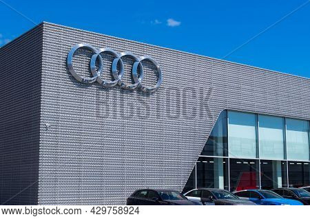Tyumen, Russia-june 8, 2021: Audi Sign Logo. Audi Ag Is A German Automobile Manufacturer.