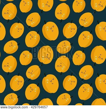 Vector Seamless Cute Pattern With Cartoon Apricots. It Can Be Used As Wallpaper, Poster, Print For C
