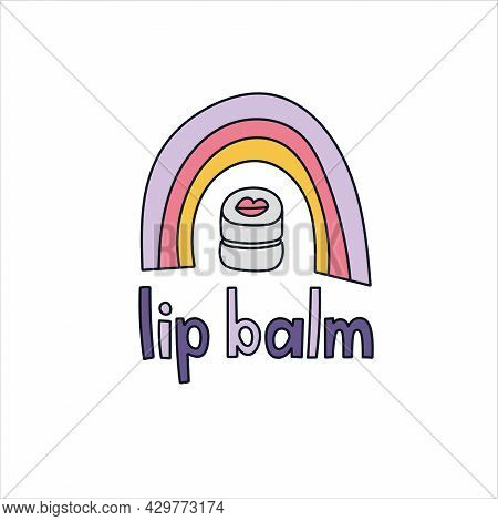 Lip Balm Hand Drawn Doodle Lettering. Vector Illustration. Beauty Products And Skin Care Concept.