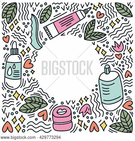 Korean Cosmetics Sketch Drawing. Round Frame With Doodle Elements. Cream, Serum, Tonic, Lip Balm. Sk