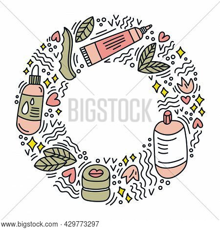 Hand Drawn Illustration With Beauty Products. Round Composition With Doodle Elements. Korean Cosmeti