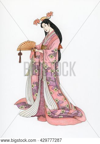 Sotoori Hime adult coloring  page based on the work of  Eishi Hosoda (1756-1829)