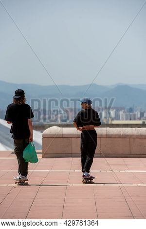 Barcelona, Spain; August 12 2021: Young Couple In Montjuic Olympic Stadium, Built In 1927.