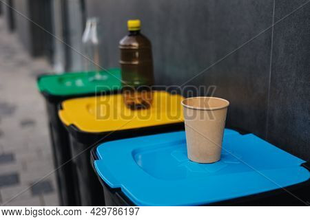 Outdoors In The Park Is Recycling Bins Different Colours. Tree Closed Plastic Bins. Green, Yeallow A