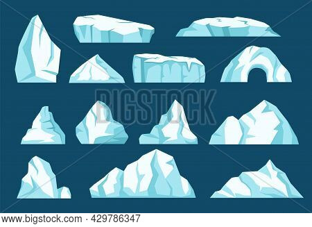 Cartoon Icebergs, Antarctic Ice Glaciers, Arctic Ice Rocks. Floating Iceberg Mountains, Frozen Snow 