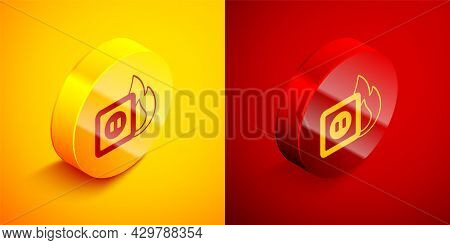 Isometric Electric Wiring Of Socket In Fire Icon Isolated On Orange And Red Background. Electrical S