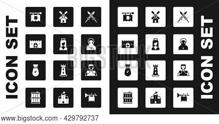Set Crossed Medieval Sword, Princess, Medieval Castle Gate, Street Signboard With Bar, Monk, Windmil