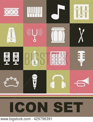 Set Trumpet, Microphone, Drum Sticks, Music Note, Tone, Musical Tuning Fork, Metronome With Pendulum