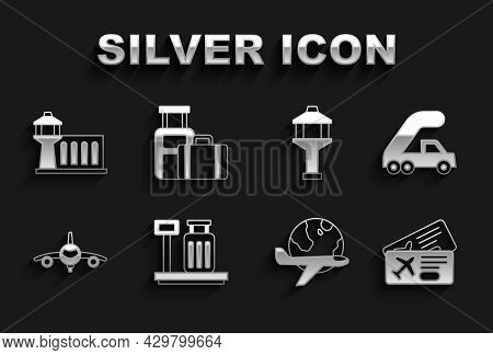 Set Scale With Suitcase, Passenger Ladder For Plane Boarding, Airline Ticket, Globe Flying, Plane, A