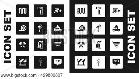 Set Fire Exit, Firefighter Axe, Hose Reel, Burning Car, Extinguisher, Smoke Alarm System And Icon. V