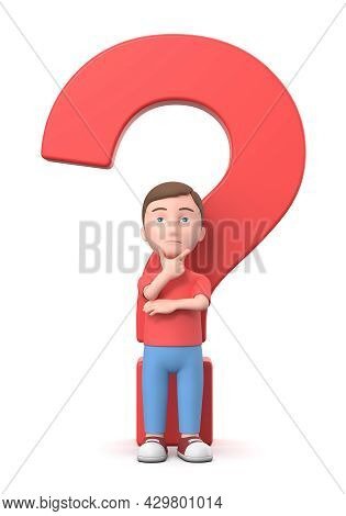 Puzzled Young Kid With A Red Question Mark . 3d Cartoon Character Isolated On White Background 3d Il