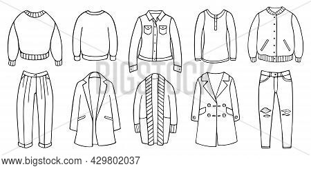 Hand-drawn Set Of Female Clothes For Spring And Autumn. Doodle Women Garment Items Isolated On The W