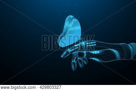 A Butterfly Sitting On A Robotic Hand. The Symbol Of The Link Between Natural And Artificial Intelli