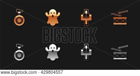 Set Unicycle Or One Wheel Bicycle, Ghost, Attraction Carousel And Drum With Drum Sticks Icon. Vector
