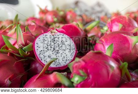 Dragon Fruit That Has Been Cut In Half For Product Display. Dragon Fruit Which Are Beautifully Arran