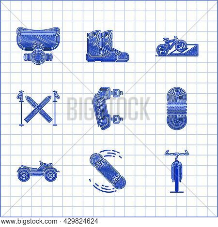 Set Knee Pads, Skateboard Trick, Bicycle, Climber Rope, All Terrain Vehicle Or Atv Motorcycle, Ski A