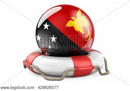 Lifebelt With Papuan New Guinean Flag. Safe, Help And Protect Of Papua New Guinea Concept. 3d Render