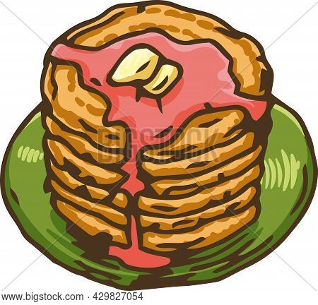 Stack Of Traditional Pancakes With Butter And Strawberry Syrup. Isolated On A White