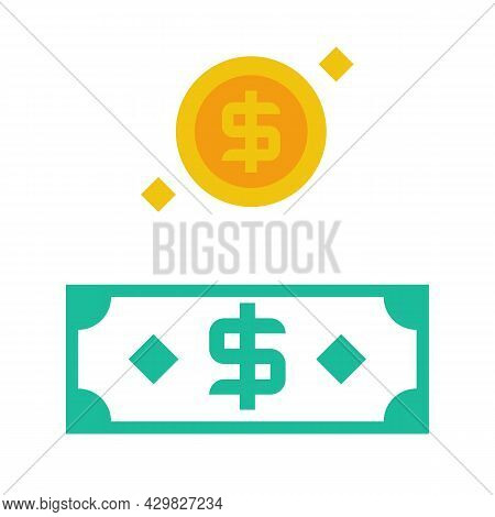Money Icon. Set Paper Dollar Cash And Gold Coin. Vector Illustration Flat Design. Isolated On White 