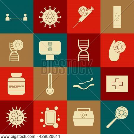 Set Virus Under Magnifying Glass, First Aid Kit, Blood Test And Virus, Syringe, Dna Spiral Computer,
