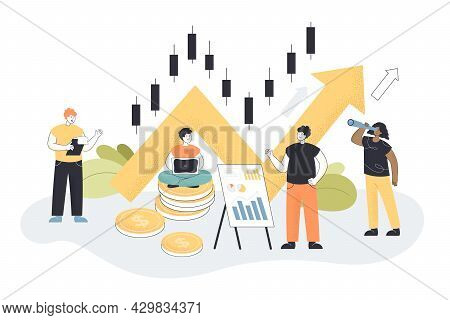 Tiny People Working On Business Plan Flat Vector Illustration. Promoters Achieving Goal, Developing 