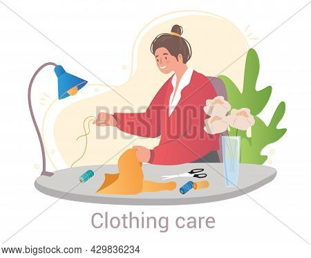 Smiling Female Character Is Sewing New Clothes To Prepare Them For Selling On White Background. Youn