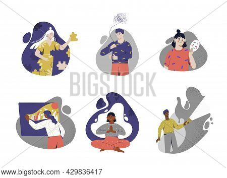 Set Of Male And Female Characters Are Recovering From Psychological Issues And Disorders. Concept Of
