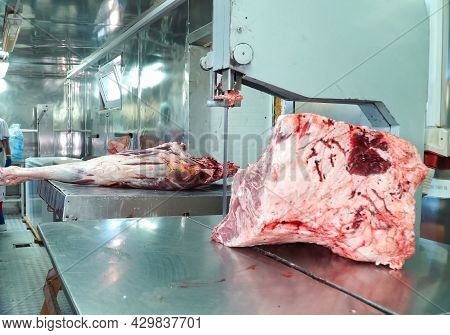 Cutting The Camel Carcass Into Pieces. Camel Meat.