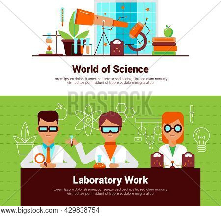 Science And Laboratory Work Banners With People And Equipment Vector Illustration