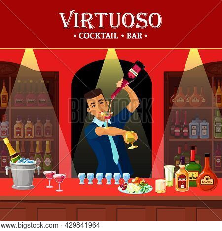 Original Design Flat Illustration Showing Virtuoso Barmen At Cocktail Bar Counter Vector Illustratio