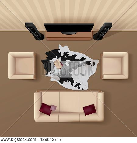 Living Room With Cowhide Rug Under The Glass Table Coach And Armchairs Top View Realistic Vector Ill