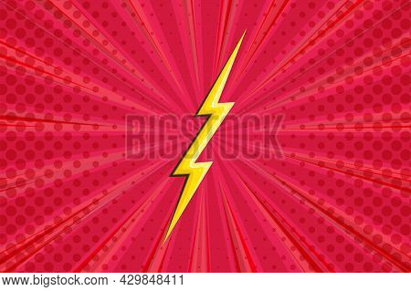 Superhero Halftoned Background With Lightning. Red Comic Design With Yellow Flash. Vector Illustrati