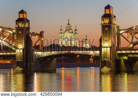 Saint Petersburg, Russia - June 20, 2019: Smolny Cathedral In The Alignment Of The Bolsheokhtinsky B