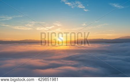 Beautiful Morning Sunrise And Fog Flow Over Mountain In Ai Yerweng, Yala, Thailand