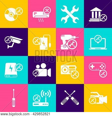 Set Video Camera Service, Gamepad, Laptop, Crossed Wrenchs, Power Bank, Security, Cd Or Dvd Disk And