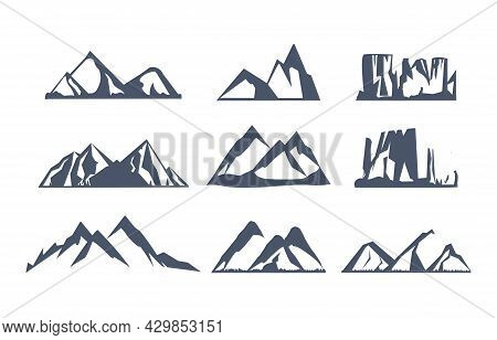 Set With Different Mountain Silhouette On White Background. Collection Of Blue Rocky Mountain Silhou
