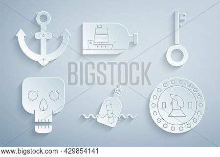 Set Bottle With Message In Water, Pirate Key, Skull, Coin, Ship Inside And Anchor Icon. Vector