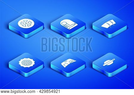 Set Car Door Handle, Wheel, Windscreen, Gear Shifter And Windscreen Wiper Icon. Vector