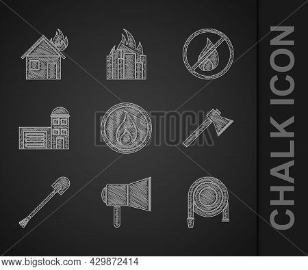 Set Fire Flame, Megaphone, Hose Reel, Firefighter Axe, Shovel, Building Of Fire Station, No And Burn