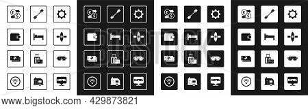 Set Sun, Bed, Wallet, Money Exchange, Kayak Or Canoe, Paddle, Ski Goggles And Airline Ticket Icon. V
