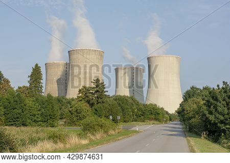 Cooling Towers Of Nuclear Power Plant Mochovce, Slovakia. Blue Sky In The Background. Nuclear Power 