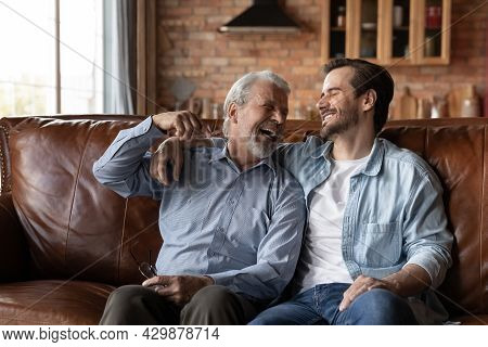 Smiling Old Caucasian Father And Adult Son Laugh Relaxing