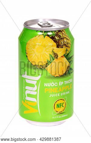 Novyy Urengoy, Russia - July 4, 2021: Aluminium Can Of The Vinut Pineapple Juice Drink Isolated Over