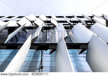 The Facade Of A Modern Building With An Innovative Facade Made Of Automatic, Movable Blinds.