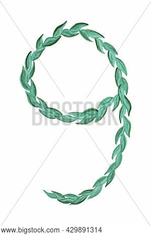 Watercolor Hand Drawn Number 9 Of Green Leaves Isolated On A White Background. Floral Style. Vector 