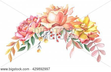 Watercolour Arrangement Of Roses And Leaves. Autumn Composition Withy Yellow, Pink Rose3