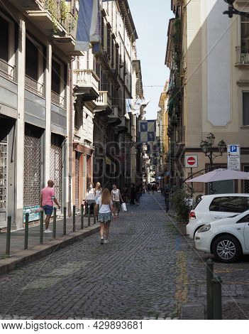 Turin, Italy - Circa August 2021: People In Via Dei Mercanti Street