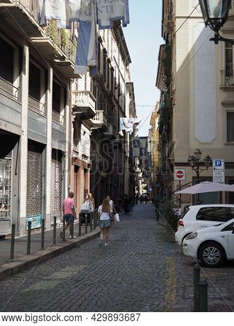 Turin, Italy - Circa August 2021: People In Via Dei Mercanti Street